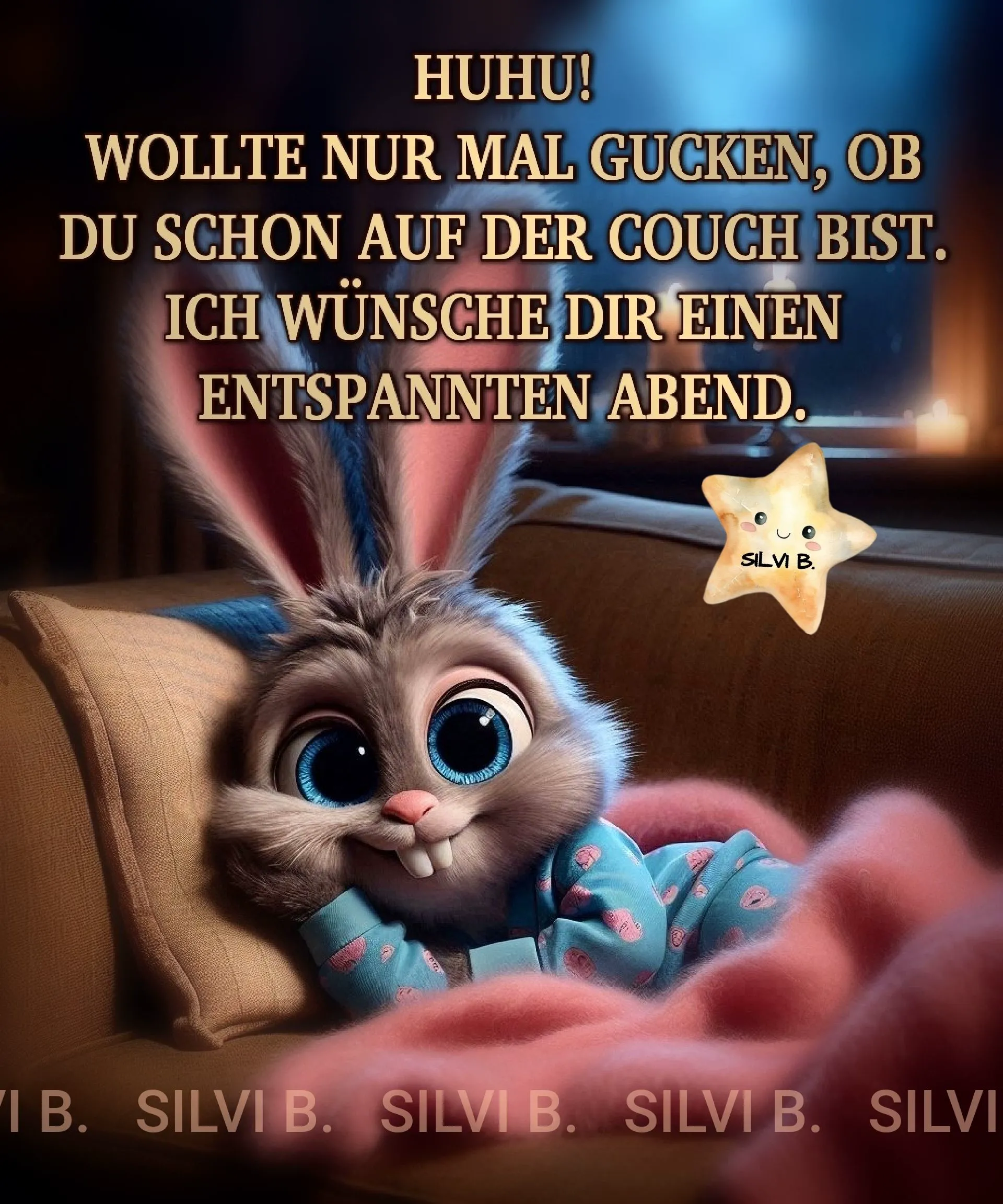 Ein super süßes Zeichentrick-Kaninchen im blauen Schlafanzug liegt entspannt unter einer rosa Decke auf der Couch. Perfektes Guten-Abend-Grußbild mit Stern.